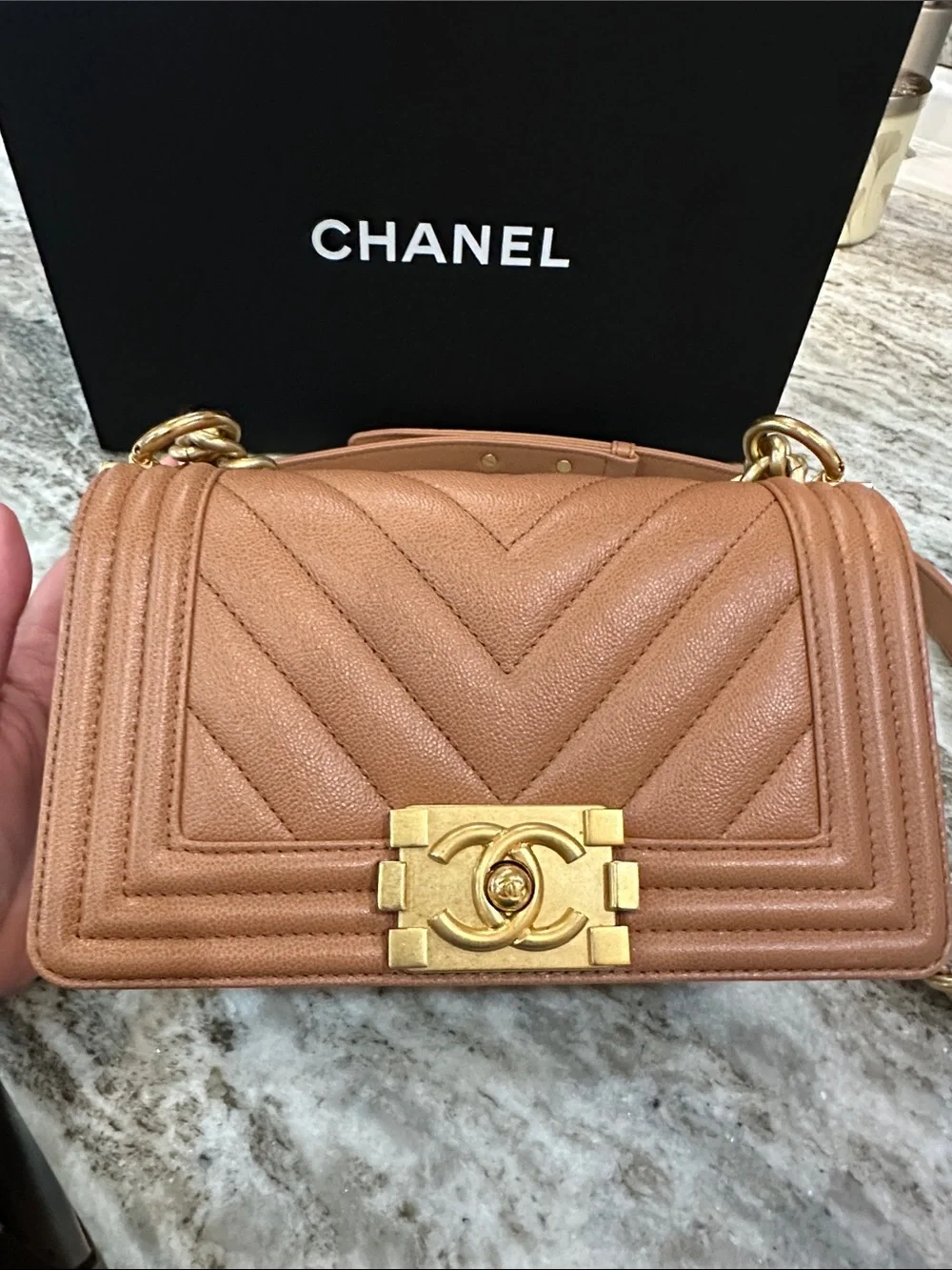 CHANEL Chevron Quilted Boy Flap Bag with Gold Hardware small Tan
